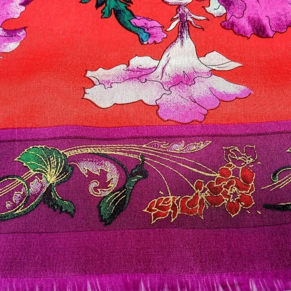 Vintage Magenta Red Green Floral Silk Fringed Oblong Scarf